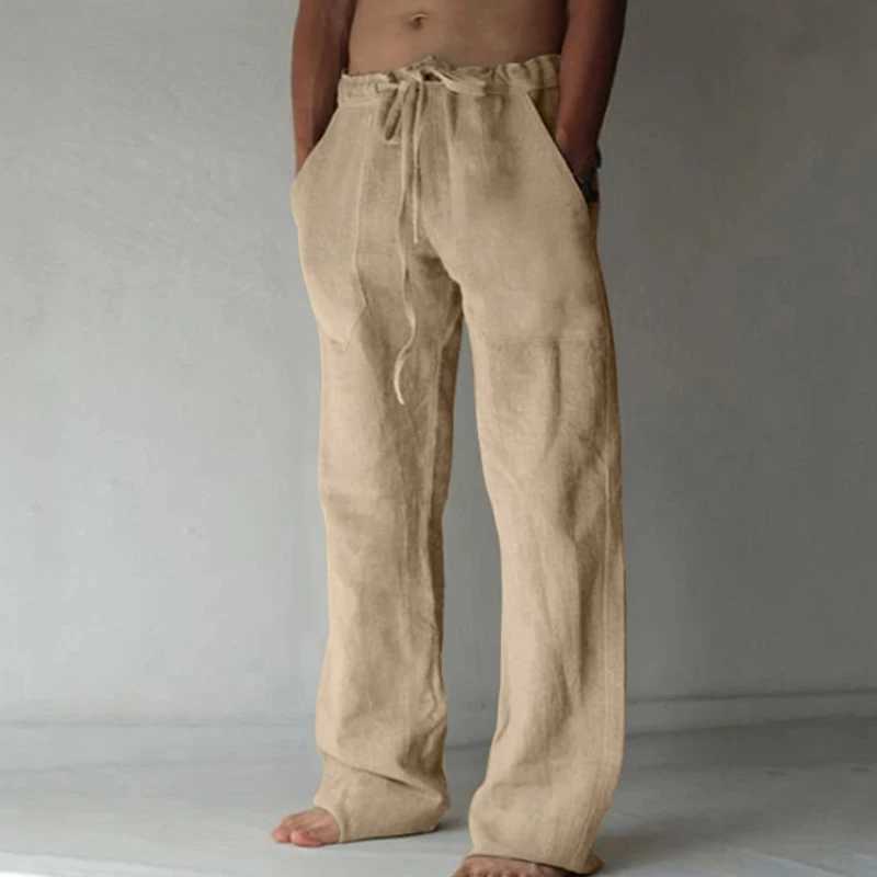 Mens casual pants classic thin linen mens summer fashion bag straight pants brushed elastic waist solid colorW240725
