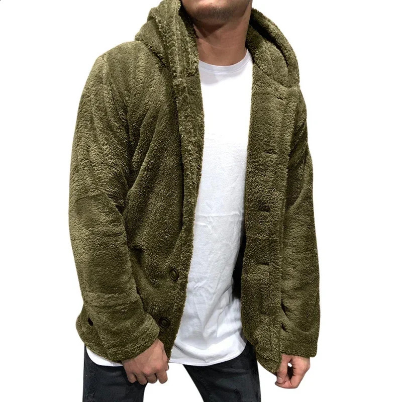 Mens Teddy Bear Fleece Coat Cardigan Winter Warm Hooded Coat Fashion Solid Color Long Sleeve Pocket Button Hooded Warm Coat 240814