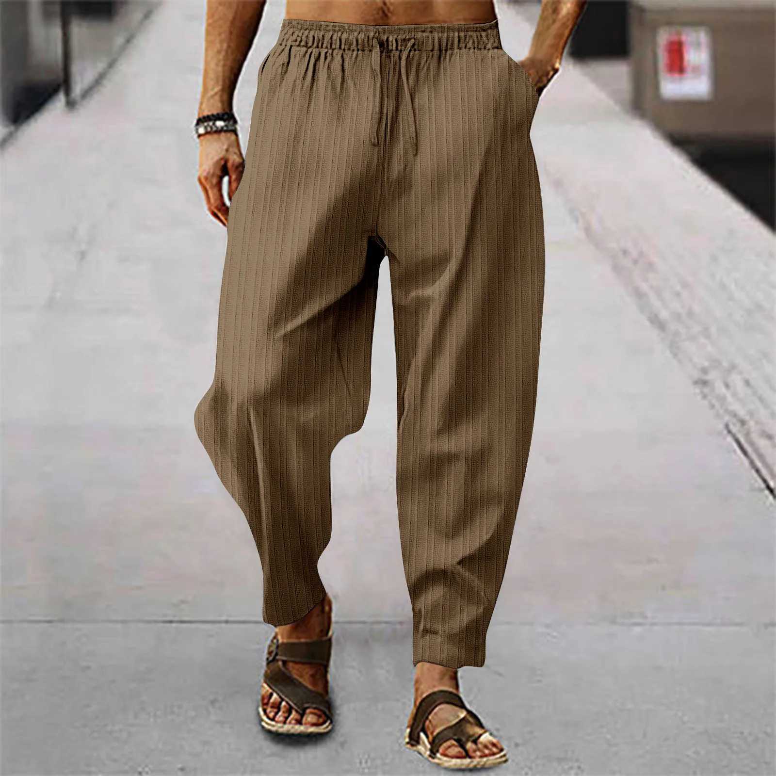 European and summer mens hip-hop breathable cotton and linen striped loose casual sports pantsW240725