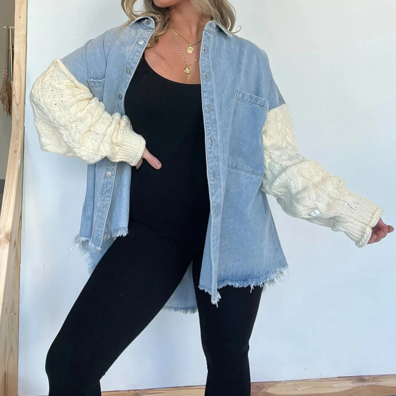 Jean Coat Women Vintage Loose Patchwork Retro Fashion Wool Sleeve Denim Ladys Coat Denim Jacket Women Chic Ladies Jackets 240814