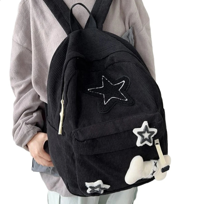 School Bags Double Strap Shoulder Bags with Star Pattern Backpack for Student Large Capacity Corduroy Book Bag 240813