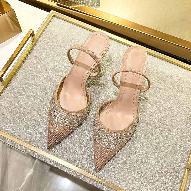 Brand Shiny Rhinestone Design Mesh High Heels Women Summer Elegant Open Pointed Toe Sandals Thine Heel Mules Pumps
