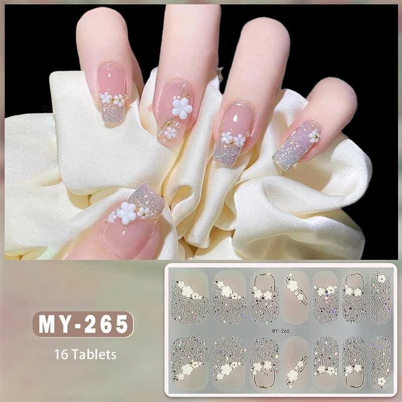 16Tips Baking-free Nail Stickers Long-Lasting Glittering Flowers In Summer Nail Strips Patch Slider Full Cover DecalXJ240814