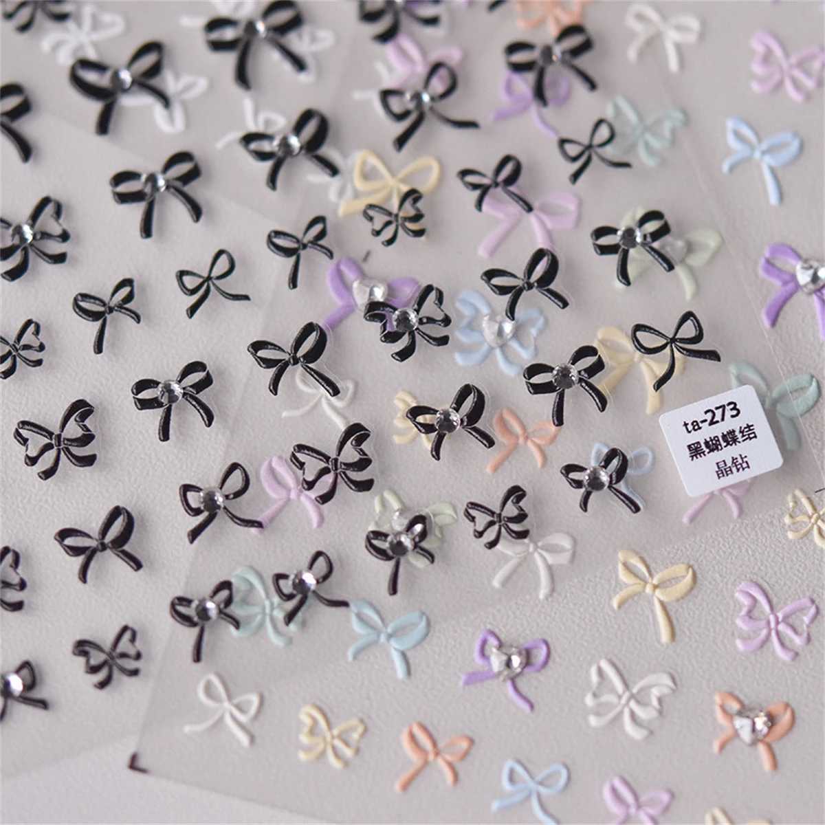 1sheet Japanese Kawaii Colorful White Line Bowknot 5D Black Self Adhesive Nail Art Decorations Stickers Ribbon Cute Decals DIYXJ240814