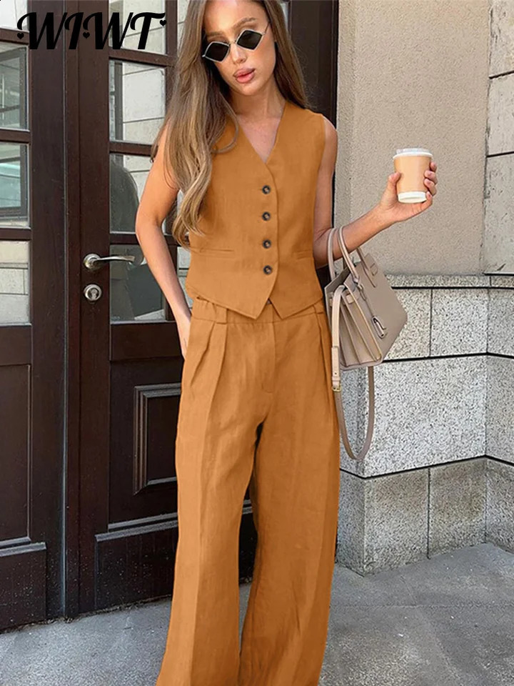 Elegant Cotton Linen Vest Pants Set Women Single Breasted V-neck Sleeveless Tank Top Wide Leg Trousers Summer Lady Outfits 240815