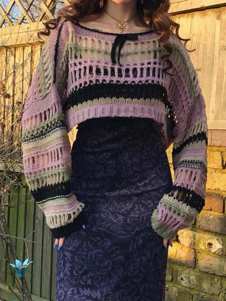 SUCHCUTE Y2k Stripe Hollow Out Fishnet Sweaters Smock Crop Tops Women Fairycore Oversize Sweater Grunge Goth Cloth 240815CJ
