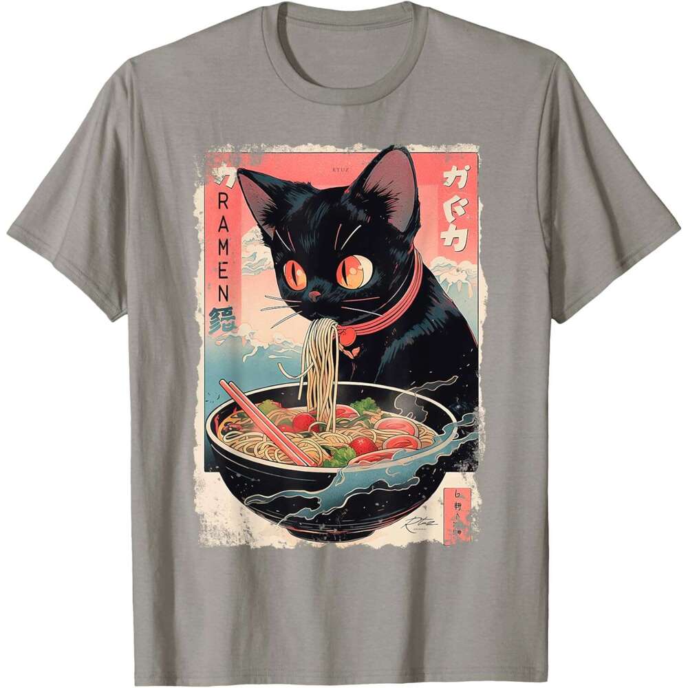 T shirt for Mens Womens Cat Ramen Noodle Japanese Anime Manga Ramen Kawaii Cat T-Shirt Shirts Tshirt Graphic Tee Casual Tops Clothes Short sleeve