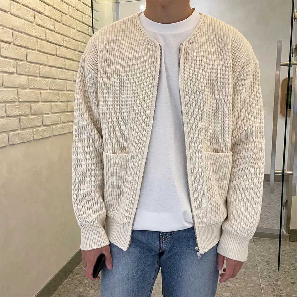 1x Men Zip Up Long Sleeves Knitted Cardigan Lined Funnel Neck Jumper Sweater Pockets Coat Loose Male Sweater M-3XL NewXJ240814