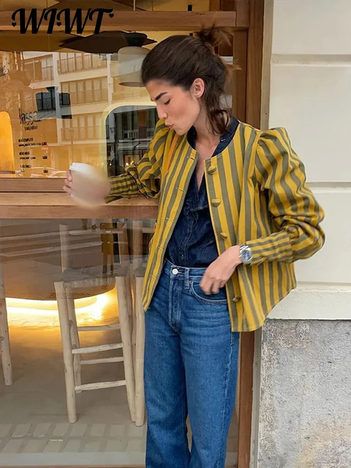 Elegant Striped Puff Sleeve Coat For Women Single Breasted O-neck Female Shirt Jacket Spring Fashion Office Lady Streetwear 240815