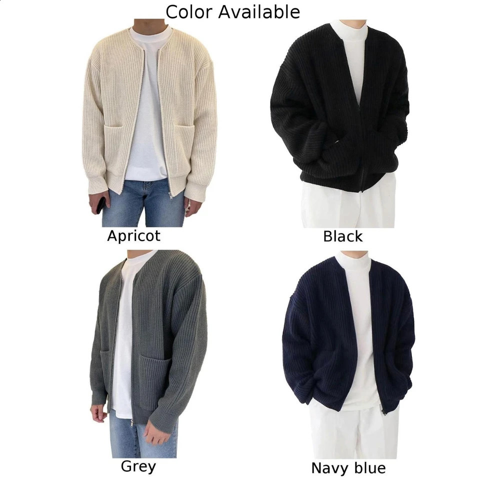 Men Zip Up Knitted Cardigan Lined Funnel Neck Jumper Sweater W Pockets Coat All Seasons Comfortable Soft Long Sleeve 240816