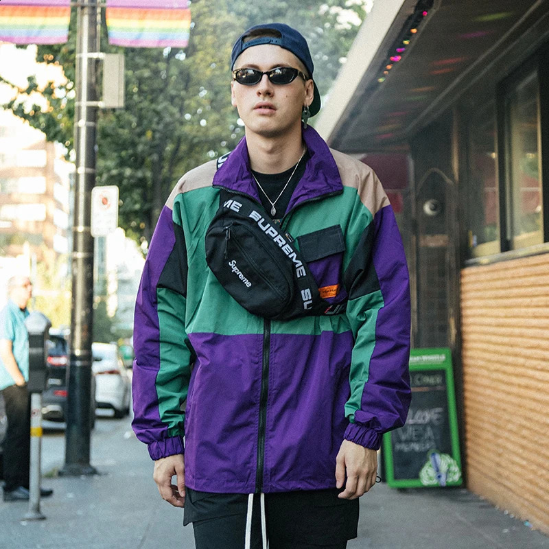 Hip Hop Streetwear Jacket WindBreaker Retro Color Block Patchwork Track Jacket Coat Men Harajuku Cotton Loose Jacket 240815
