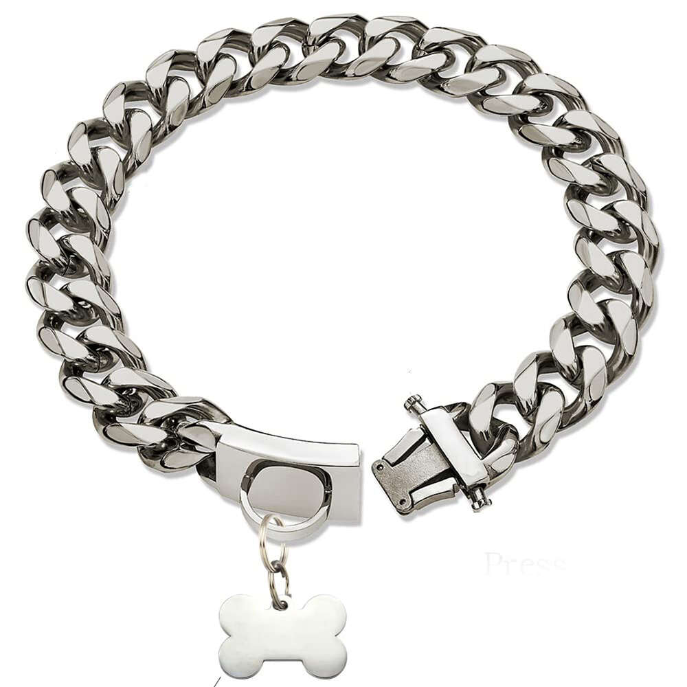 Gold Dog Collar Stainless Steel Cuban Link Chain With Bone ID Tag, Luxury Pet Necklace, Small Medium Large Dogs Usage Zozostore