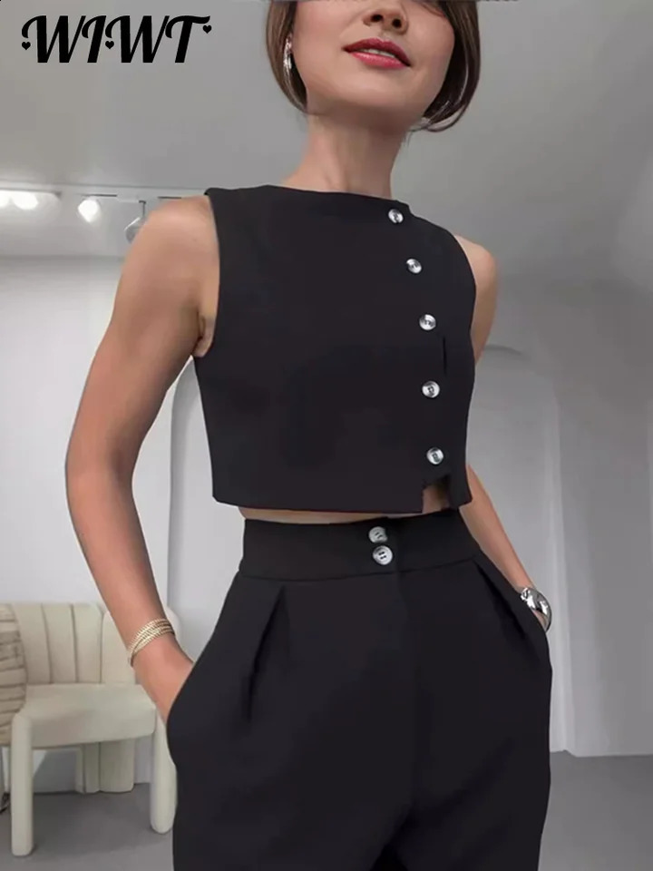 Casual Single Breasted Vest Pants Set Women Elegant Sleeveless O-neck Tank Top Slim Pencil Trousers Lady 2-Piece Outfit 240815