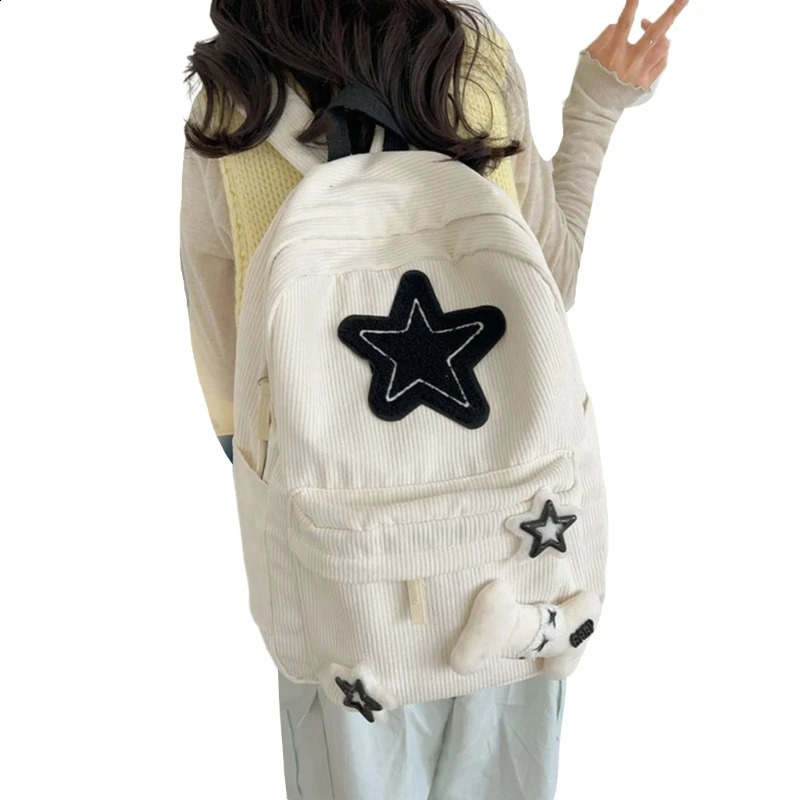 School Bags Double Strap Shoulder Bags with Star Pattern Backpack for Student Large Capacity Corduroy Book Bag 240813