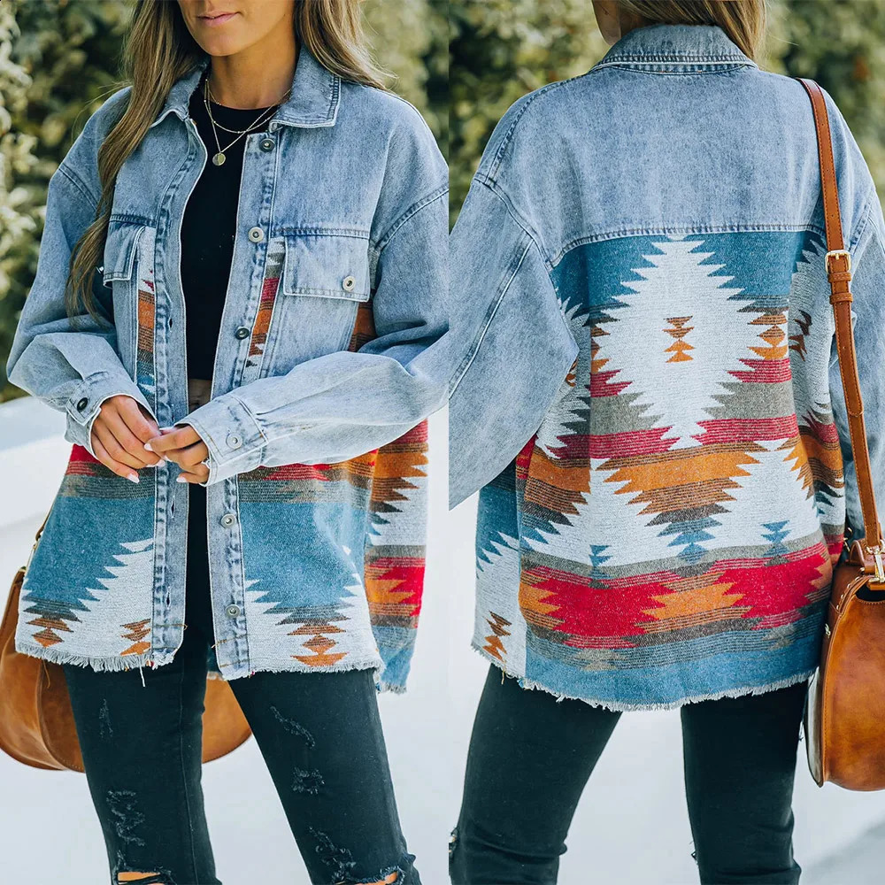 AYUALIN Vintage Patchwork Casual Loose Oversize Denims Autumn Winter Outwear Boho Long Sleeve Denim Jackets for Women Tops Coats 240814
