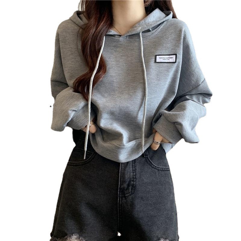 Waffle short hoodie for female students, Korean version, autumn/winter new design, loose and lazy style top jacket f99c5 bca32