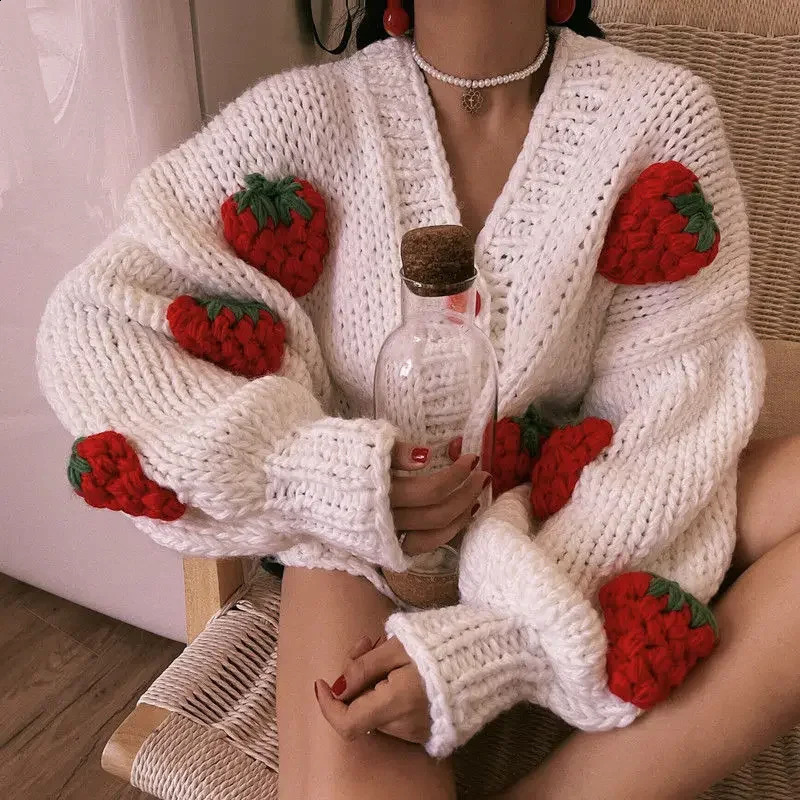 Large Size Women Sweater Spring Autumn Puff Sleeve Strawberry Sweet Full Cardigans Loose Girls Sweater Euro-America Style 240812