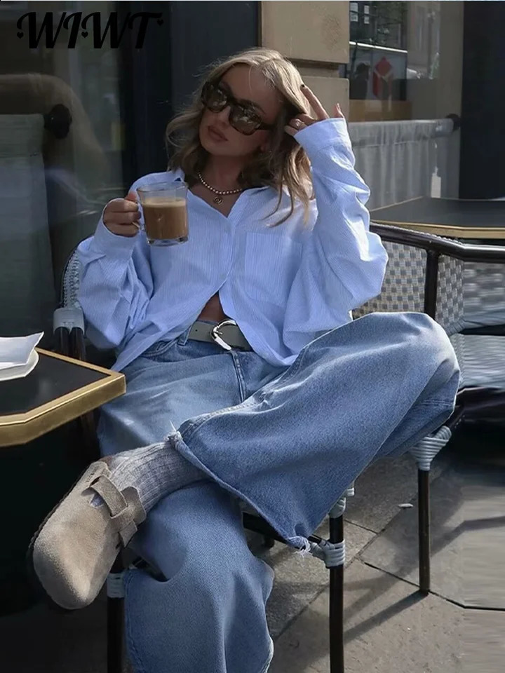 Fashion Turn-down Collar Striped Shirt Women Spring Loose Single Breasted Long-Sleeve Leaking Back Shirts Female Streetwear 240815
