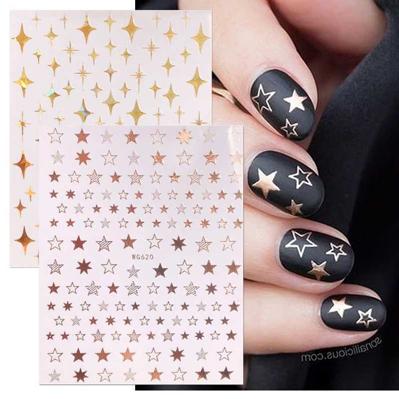 Rose Gold Star 3D Nail Stickers Silver Black White Star Heart Transfer Stickers for Nails DIY Decals Manicures Decoration TipsXJ240814
