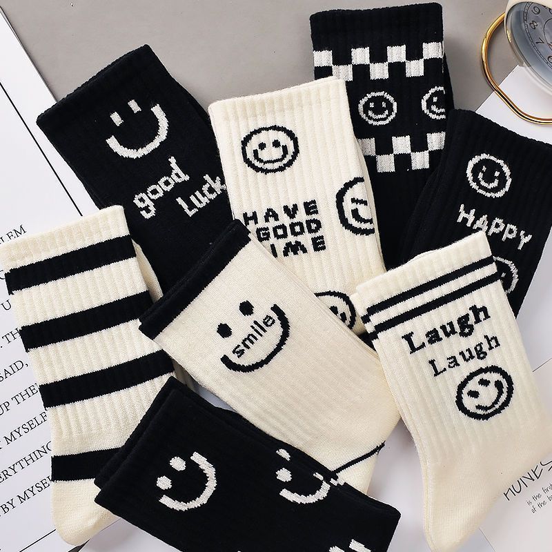 Stylish Mid-Thigh Black Tights for Kids with Whimsical White Smiley Design - Perfect Street College Style Accessory