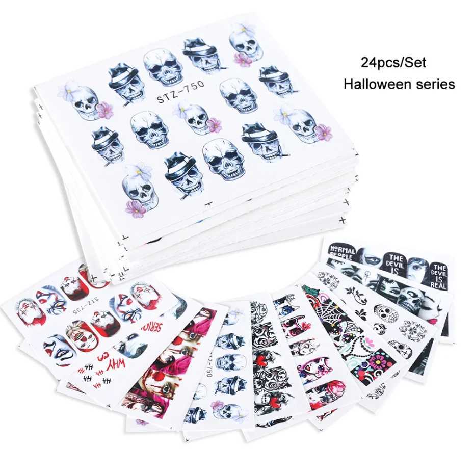 24 Pcs Halloween Nail Art Water Sticker Set Anime Skull Bone Decals Gel Polish Slider Accessories Nail Decorations LASTZ731-755XJ240814