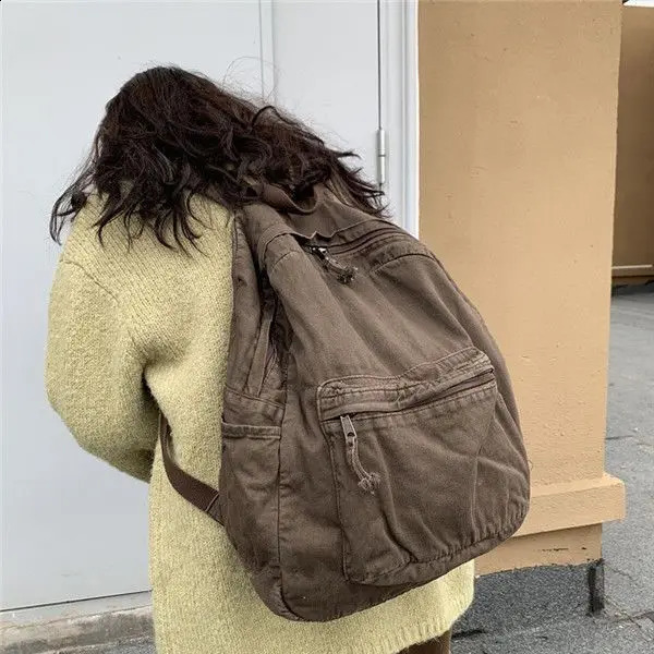 Vintage Backpack for Women Preppy Style Canvas Women Rucksack Zipper Casual Medium-Capacity European-American Style Female Bag 240813