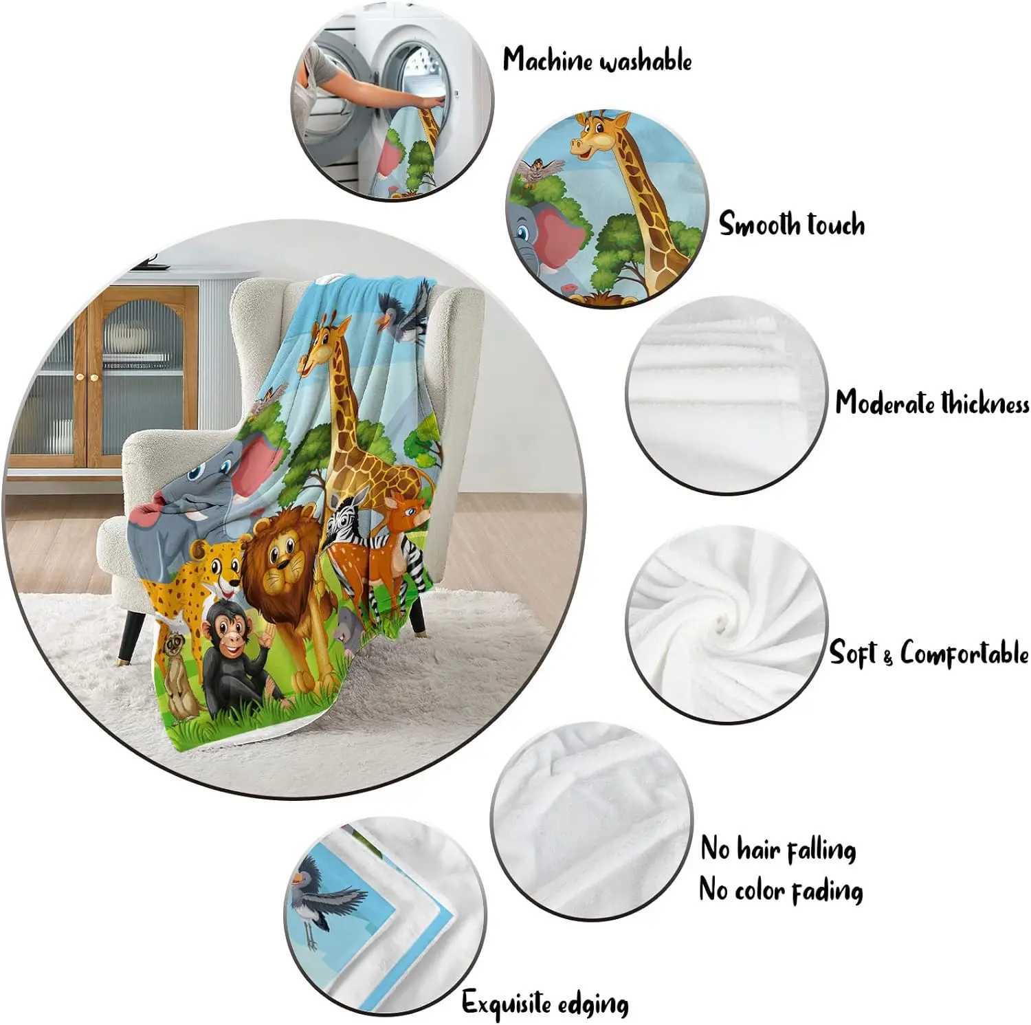 Jungle animal blanket jungle animal childrens wool blanket soft and comfortable flannel blanket giraffe elephant lion Y240815