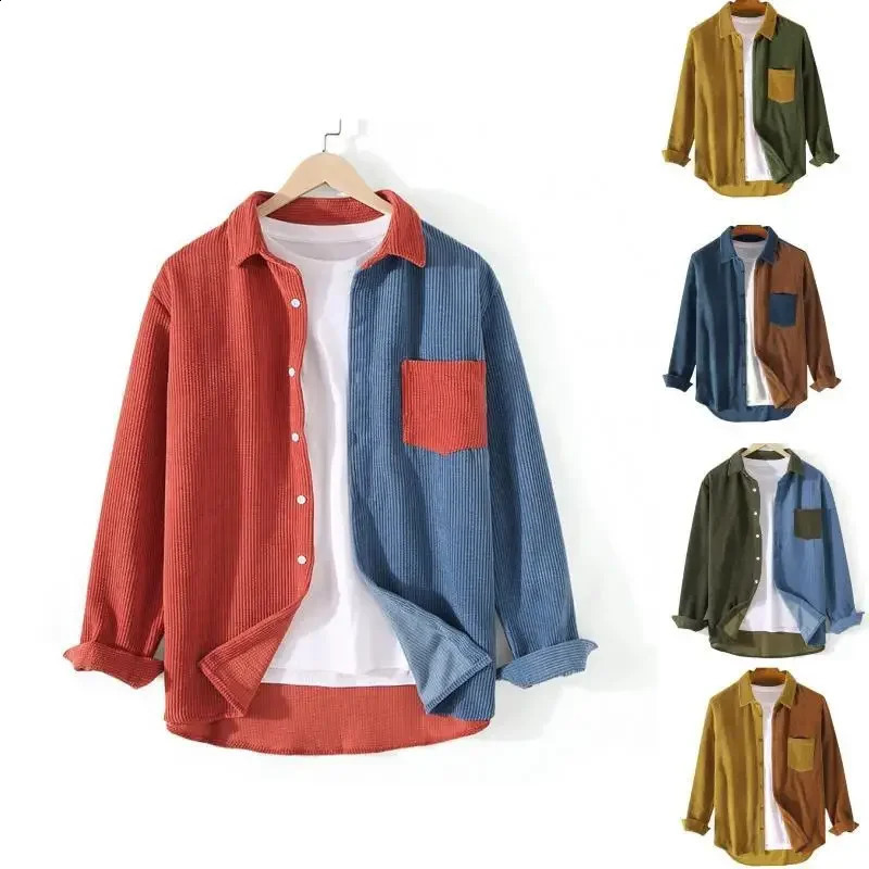 Cargo Corduroy Men Long Sleeve Casual Patchwork Pocket Mens Shirts High Quality Overshirt Blouses Male Clothing 240815