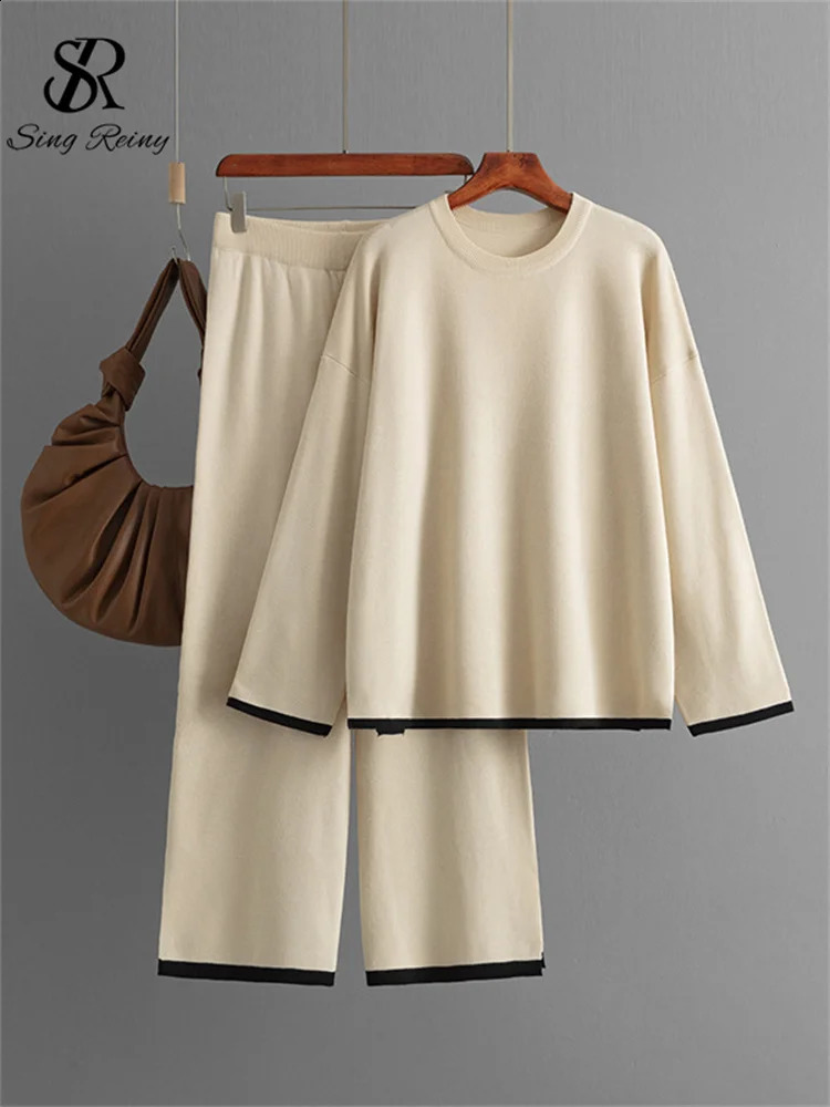 Womens Oneck loose fitting patchwork topelastic waist wide leg pants knitted sweater 2PC set 240809