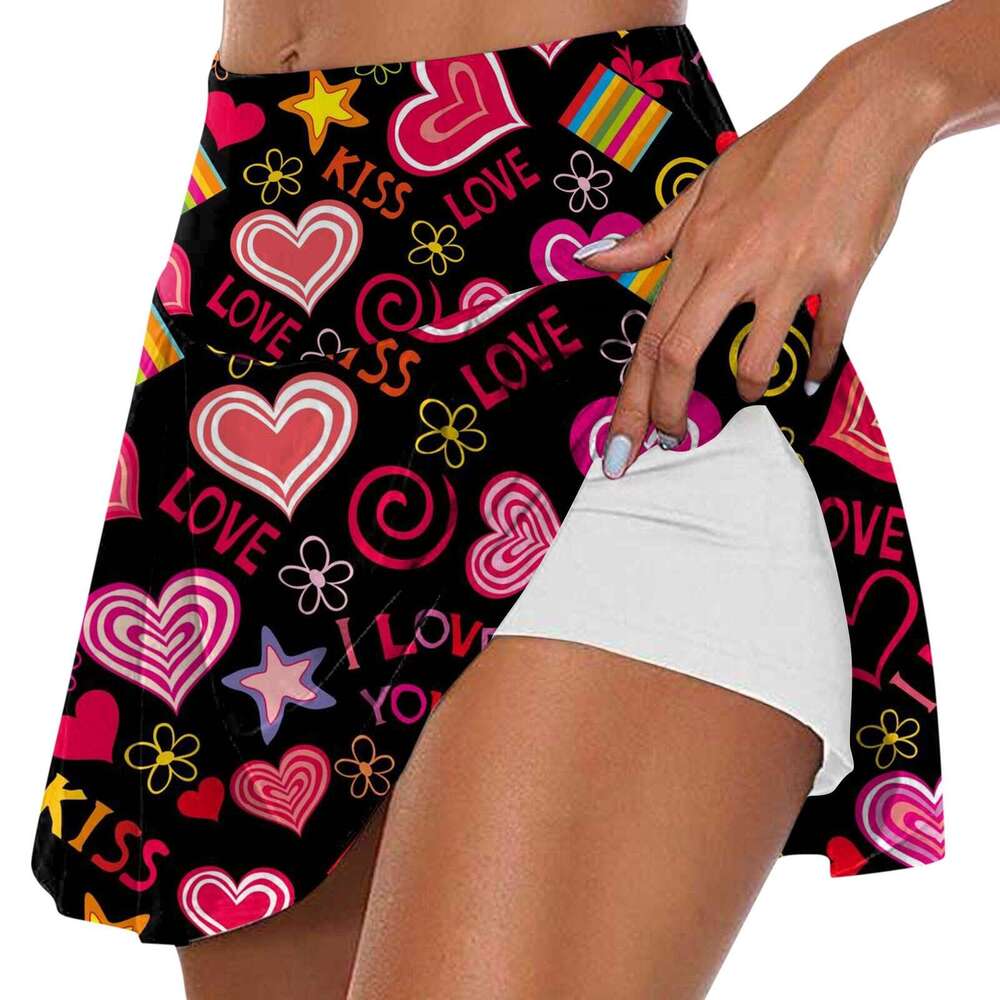 Sports Women Jogging Fiess Tennis Skorts Golf Pleated Valentine's Day Print Workout Elastic Half Skirt