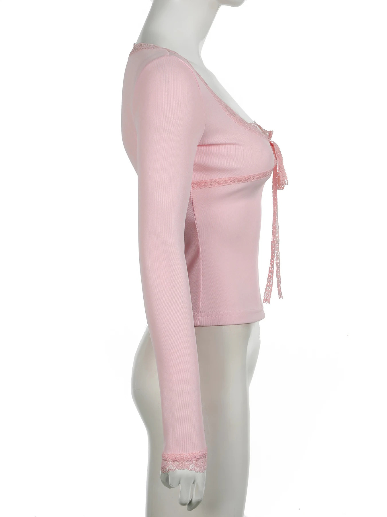 IAMSURE Casual Sweet Solid Lace Decorative Tshirt Basic Slimming Square Collar Long Sleeve Womens Autumn Spring Street Clothing 240814