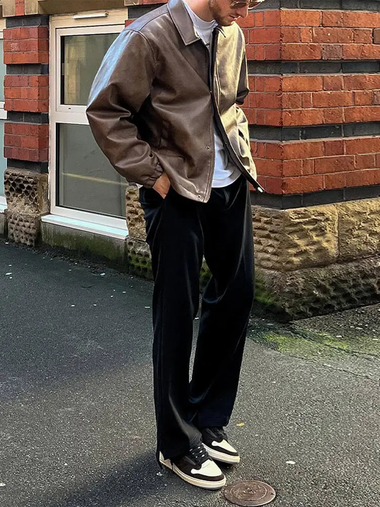 Vintage Walnut Vegan Leather Jacket 2024 Sutumn Lapel Long Sleeve Loose Overcoat Male Casual Pocket Faux Leather Coat Mens Top 240814