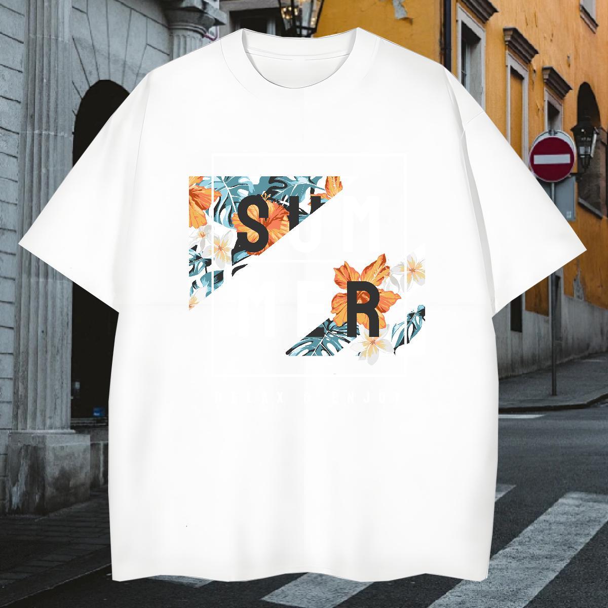 T Shirts Men 230g 100% Cotton flower Daily Outfit Breathable Crew Neck Black White Mens Tshirts Fashion Popular Tops Tees