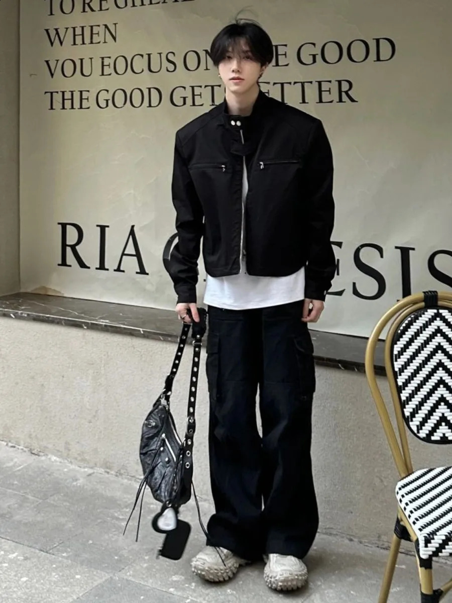 Hip Hop Y2k American Retro Cargo Bomber Jacket Spring Autumn Thin Coat Cropped Casual Solid Outerwear Streetwear 240809