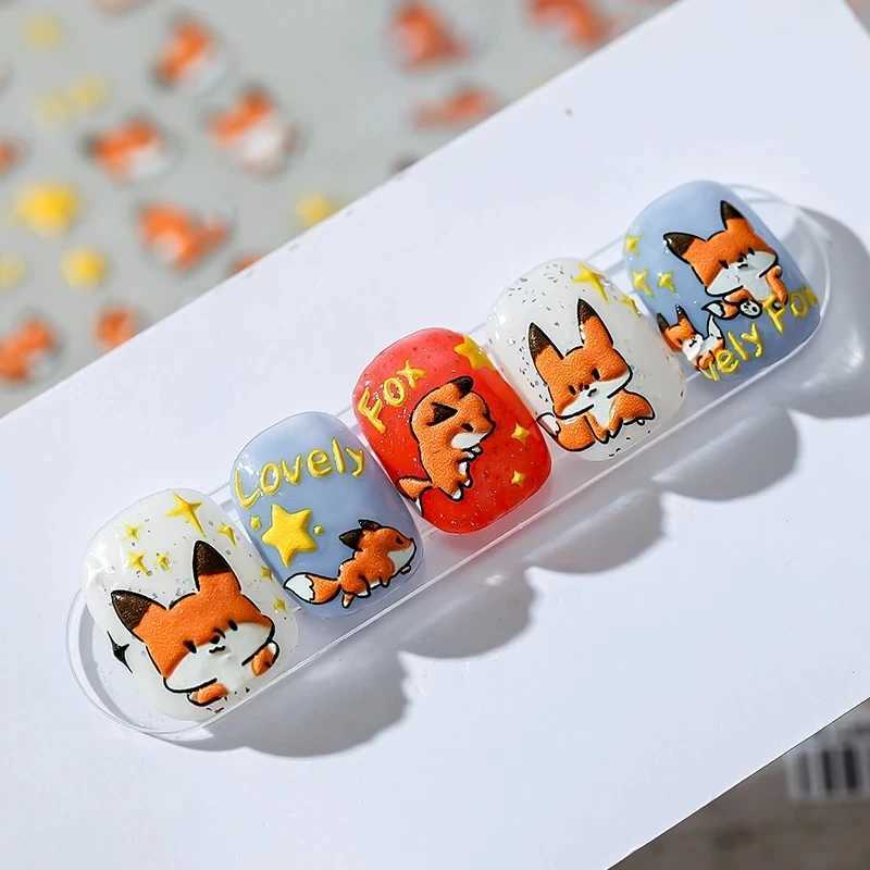 Lovely Red Fox Cartoon 5D Soft Reliefs Self Adhesive Nail Art Stickers Cute 3D Nail Decoration Decals Wholesale DropshippingXJ240814