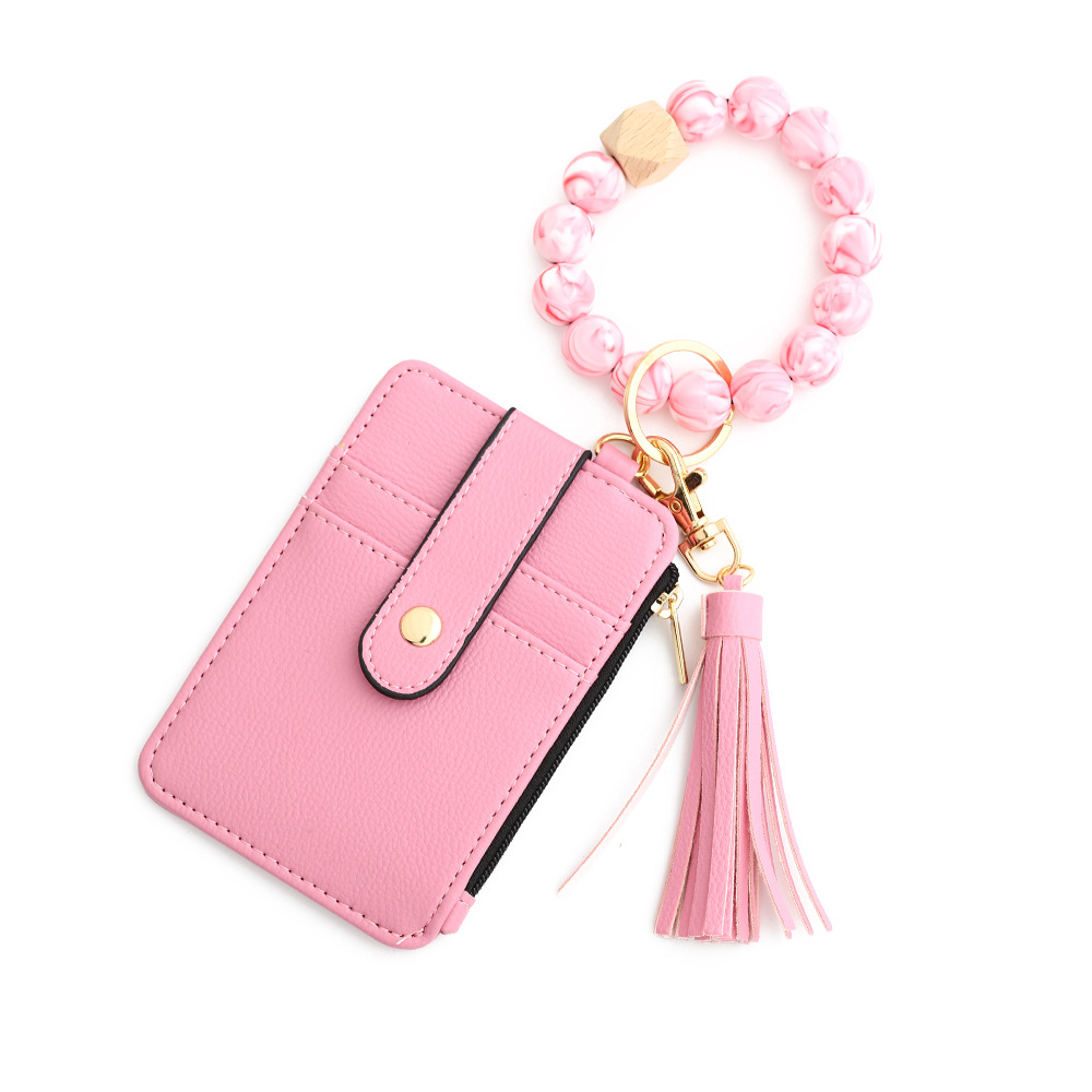 Fashion PU Leather Business ID Card Credit Holder With Silicone Beads Bracelet Keychain Lady Wallet Purse Card Holder Keychains Multifunctional Wallet