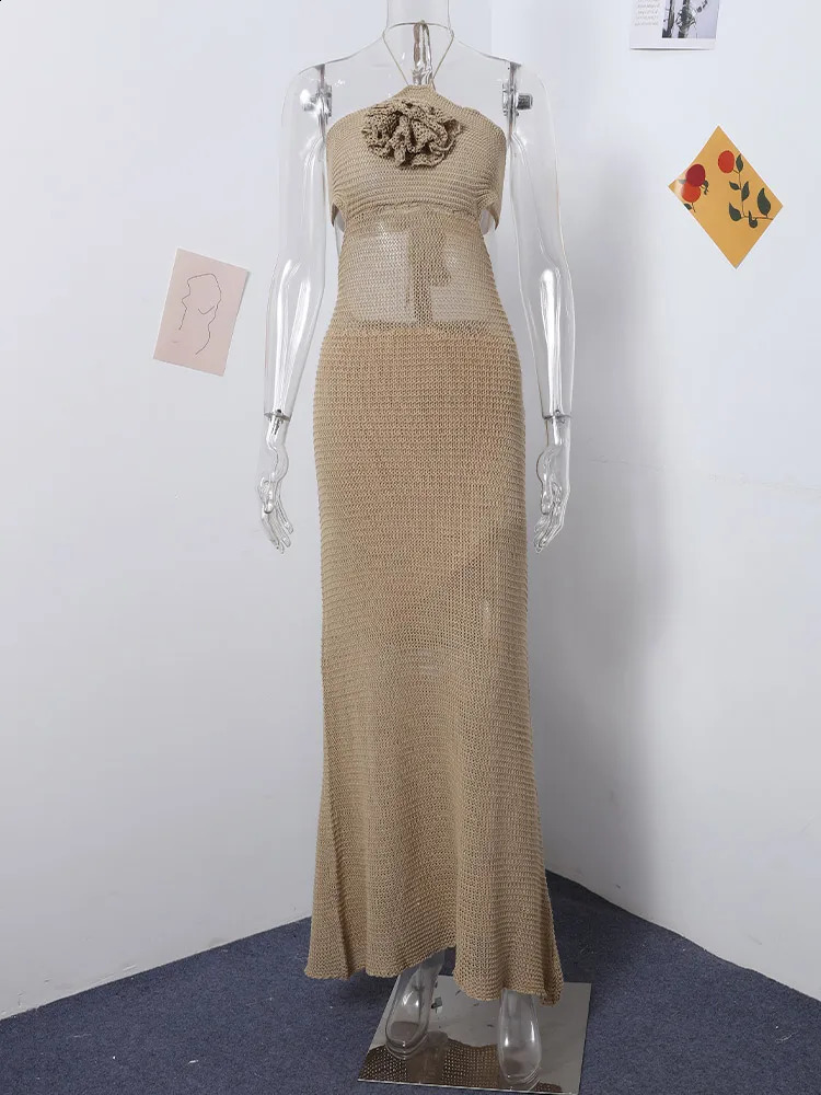 Sexy 3d Flower Halter Women Knit Dress Fashion Backless Sleeveless Female Midi Dresses 2024 Spring Summer Lady Beach Robes 240814