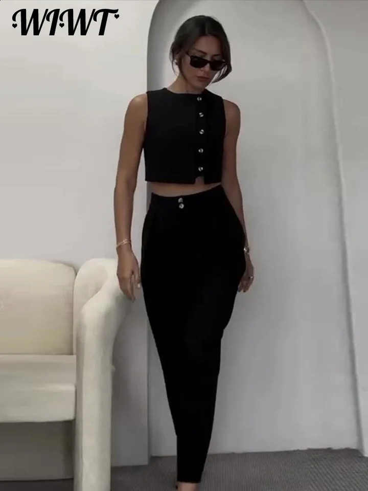Casual Single Breasted Vest Pants Set Women Elegant Sleeveless O-neck Tank Top Slim Pencil Trousers Lady 2-Piece Outfit 240815