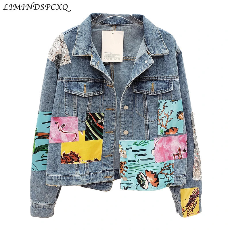 Autumn Women Denim Jacket Sequins Overcoat Patchwork Cartoon Jeans Jacket Casual Female Loose Coat Jeans Jacket Women 240814