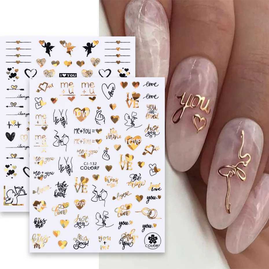 1PCS Black Gold Love Heart Letters 3D Nail Stickers Valentines Day Nail Art Decoration Cartoon Bear Cupid Stickers For NailsXJ240814