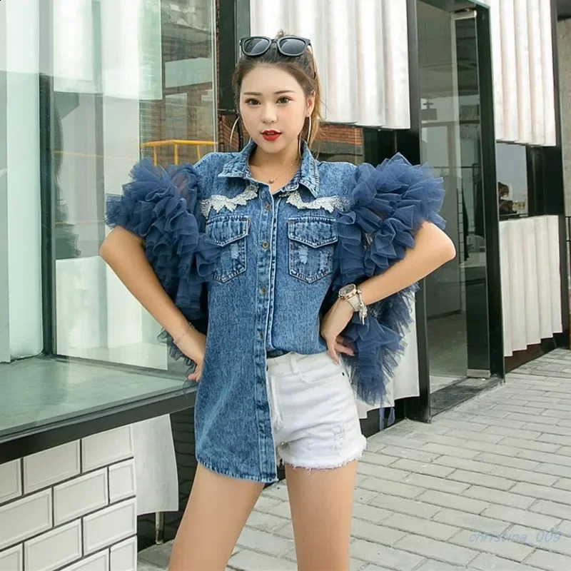 Women Summer Lace Ruffled Denim Waistcoat Jacket Short Sleeve Mesh Pleated Patchwork Lotus Jeans Vest Cowboy Tank Coat Cardigan 240814