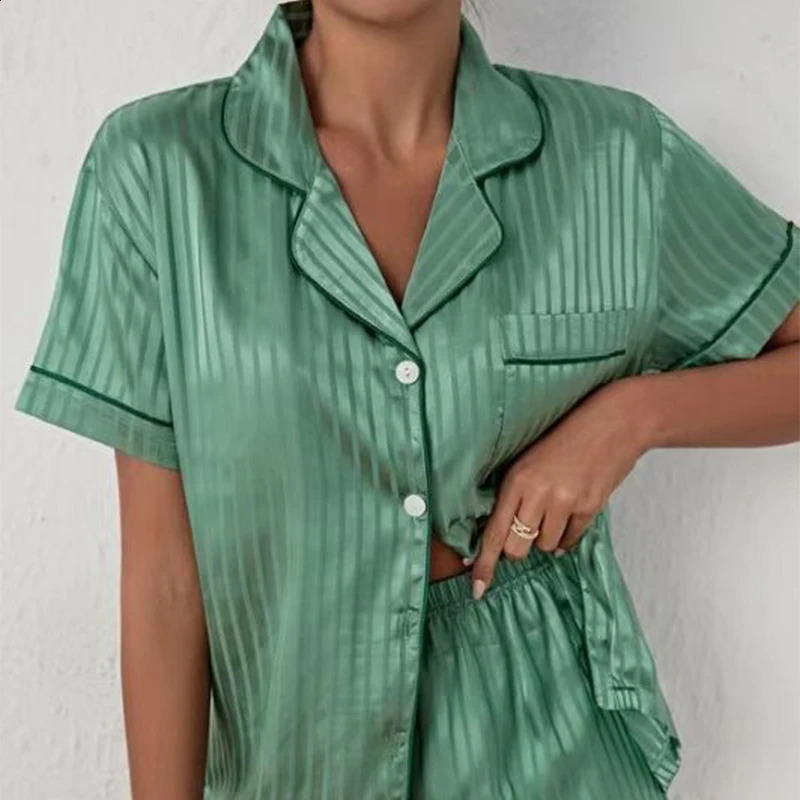 High Quality Satin Silk Pajamas Set for Women Two Pieces Shorts Sets Sleepwear Pyjamas Summer Female Loungewear Home Clothes 240815