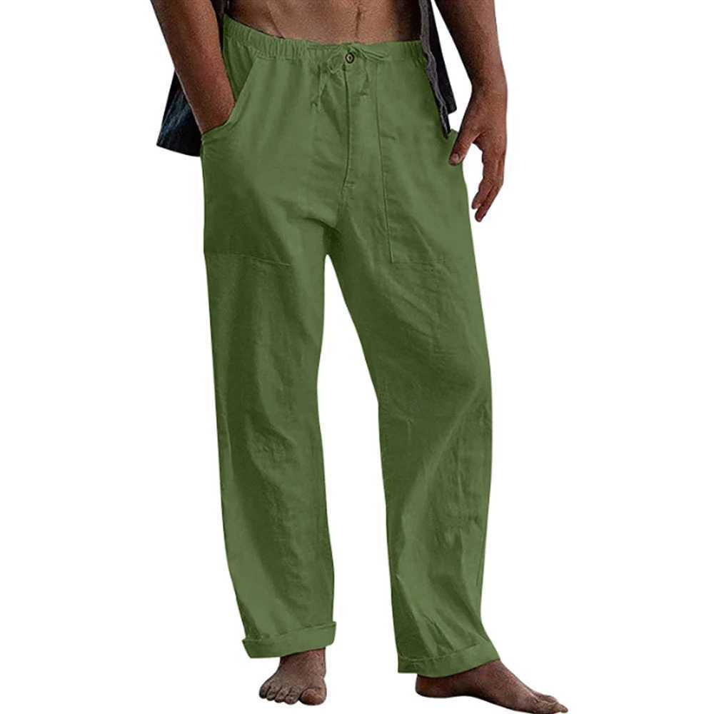 Mens cotton linen pants with elastic waist multiple pockets wide legs mens casual thin drawstring pantsW240725