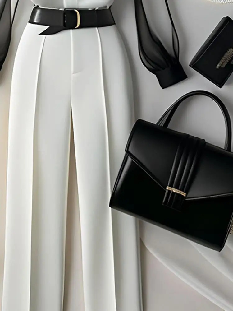 White Tailored Trousers Loose Pants Suit Womens Two Peice Sets Vintage Perspective Shirt Autumn Blouse Sleeve Korean Top 240815