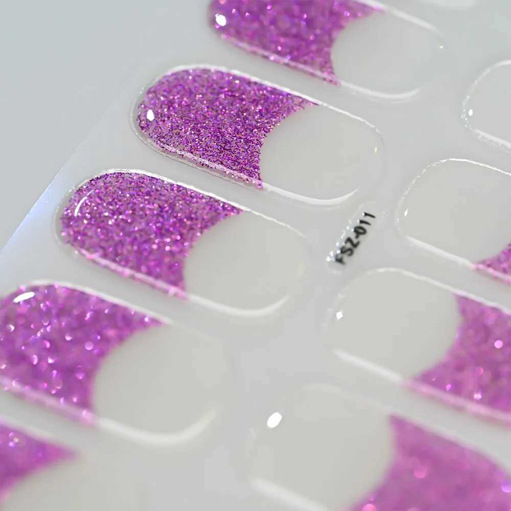 16Tips Semi Cured Gel Nail Wraps Golden Glitter French Phototherapy Lamp UV DIY Gel Patch-Includes Nail File Wooden StickXJ240814