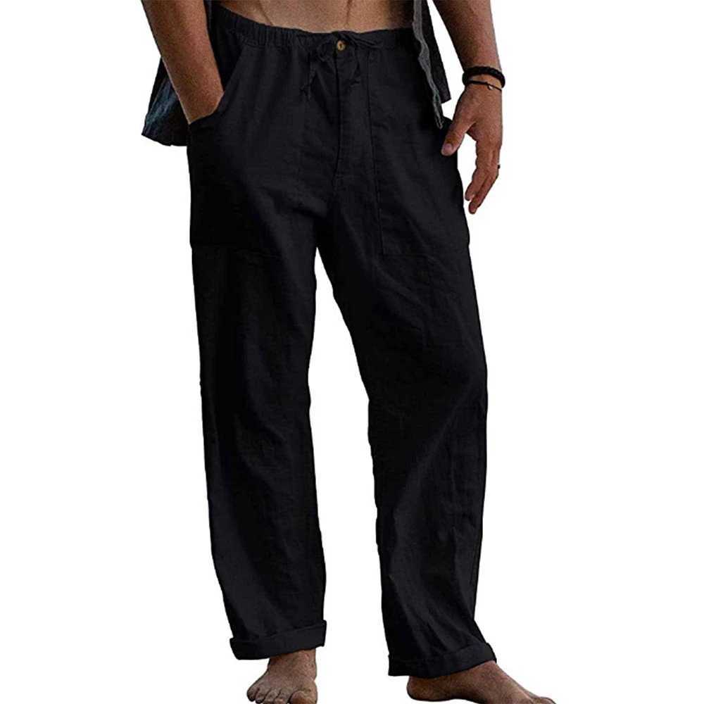 Mens cotton linen pants with elastic waist multiple pockets wide legs mens casual thin drawstring pantsW240725