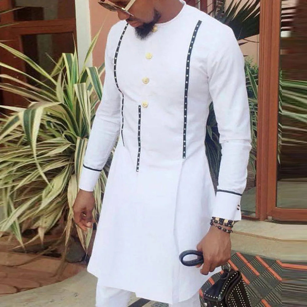 Only Tops In African Clothing Style Printing Color Matching Fashion Casual Long-sleeved Round Neck Mens Long Shirt 240814