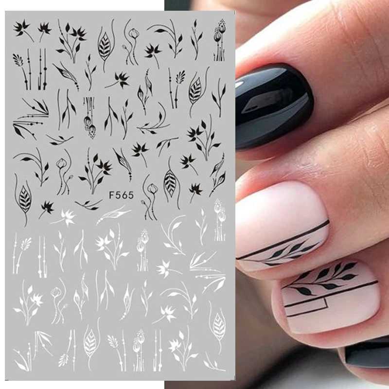 Black White Maple Leaf Nail Stickers Geometric Lines 3D Adhesive Stickers Nail Parts Flowers Feather Nail Decals Nail SlidersXJ240814