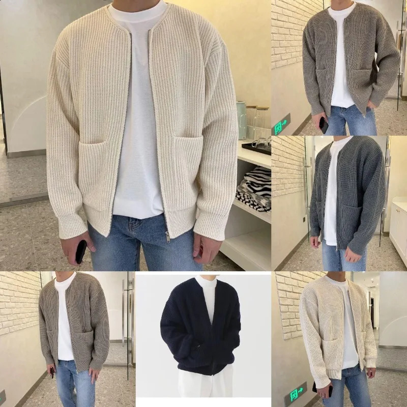 Mens Solid Color Slim-Fit Cardigan Zipper Sweater Autumn and Winter Sweater Coat Top Men Long Sleeve Stand Collar Sweater Coat 240816