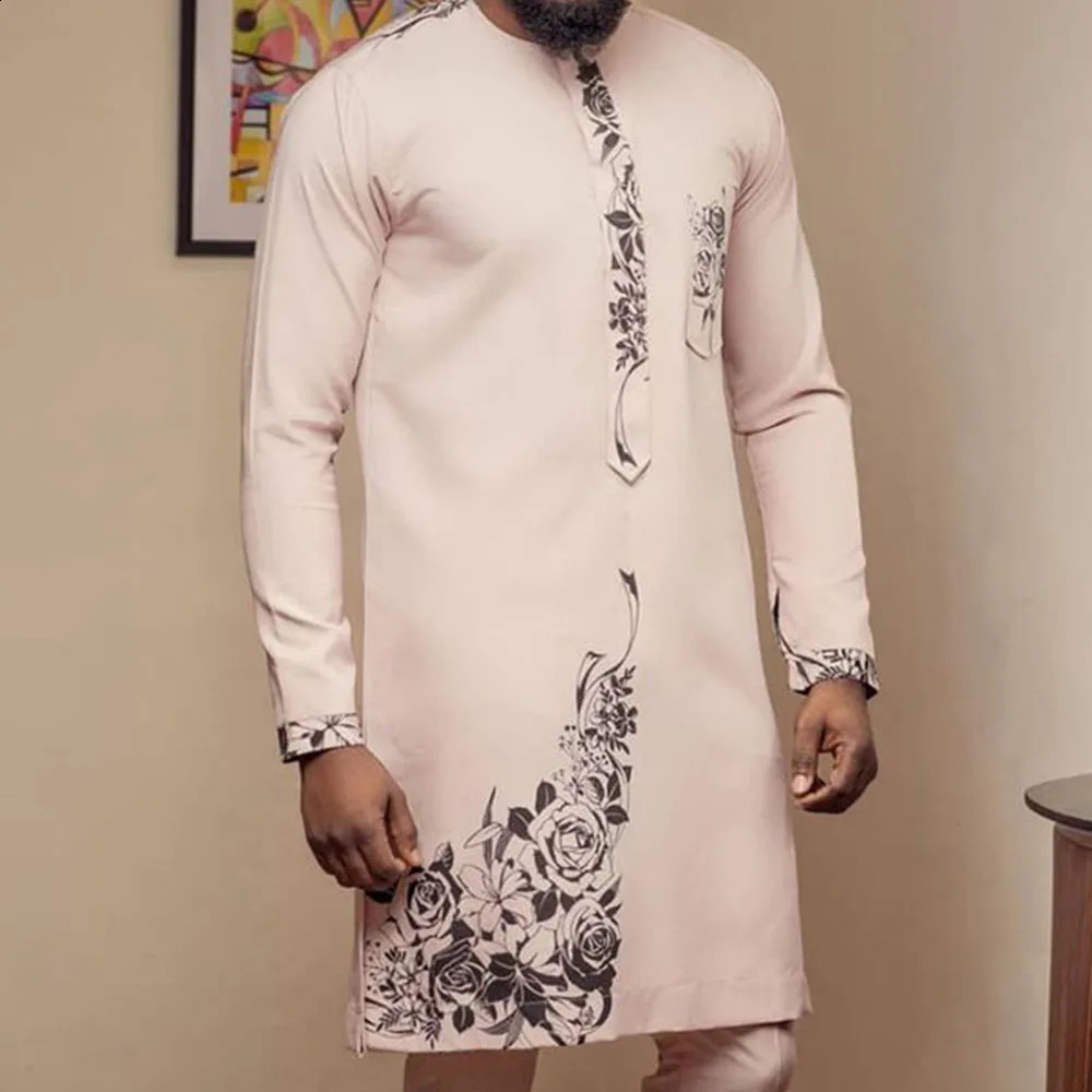 Dashiki African Mens Clothing Solid Color Shirt Pants Mens Suit 2 Sets Of Long Sleeve Clothing Wanquet Wedding Casual Scene 240814
